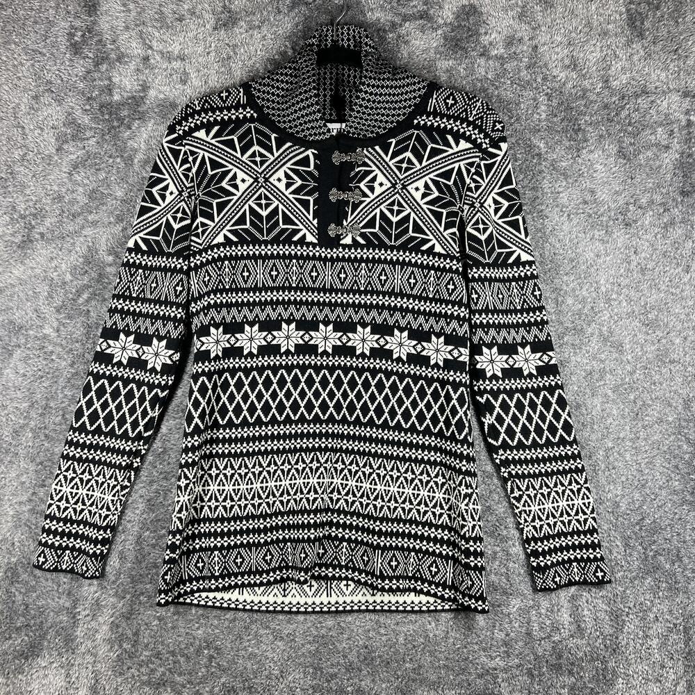Obermeyer Sweater Womens M Black Fair Isle Collared Pullover Button Wool Blend